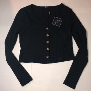 Zaful Black Button up Cropped Sweater